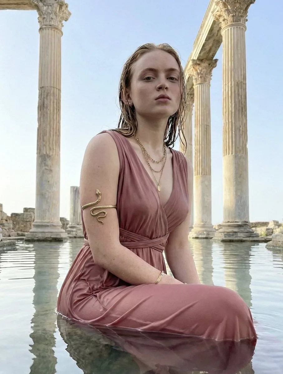 Modern Aphrodite in Flooded Ancient Ruins - Nano Banana Pro AI Prompt for Product Marketing reference