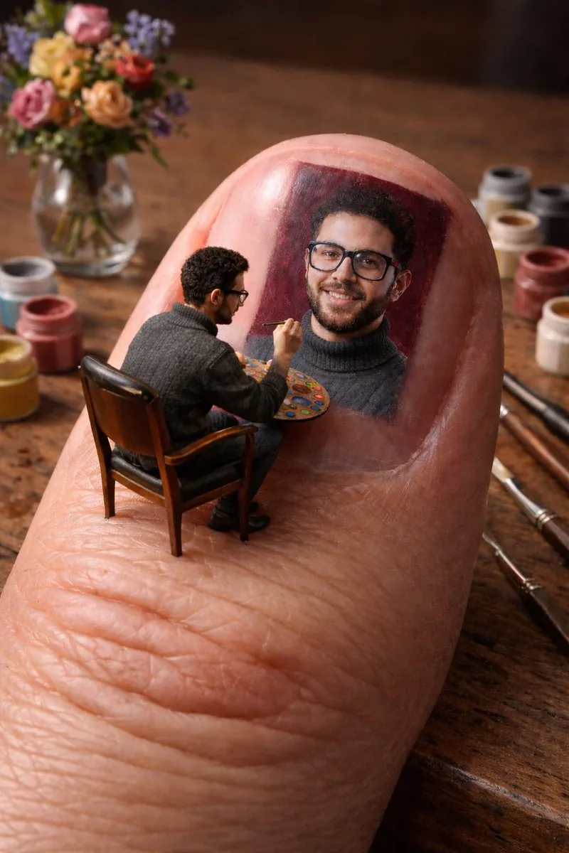 Miniature Artist on Giant Fingernail - Nano Banana Pro AI Prompt for Social Media Post reference