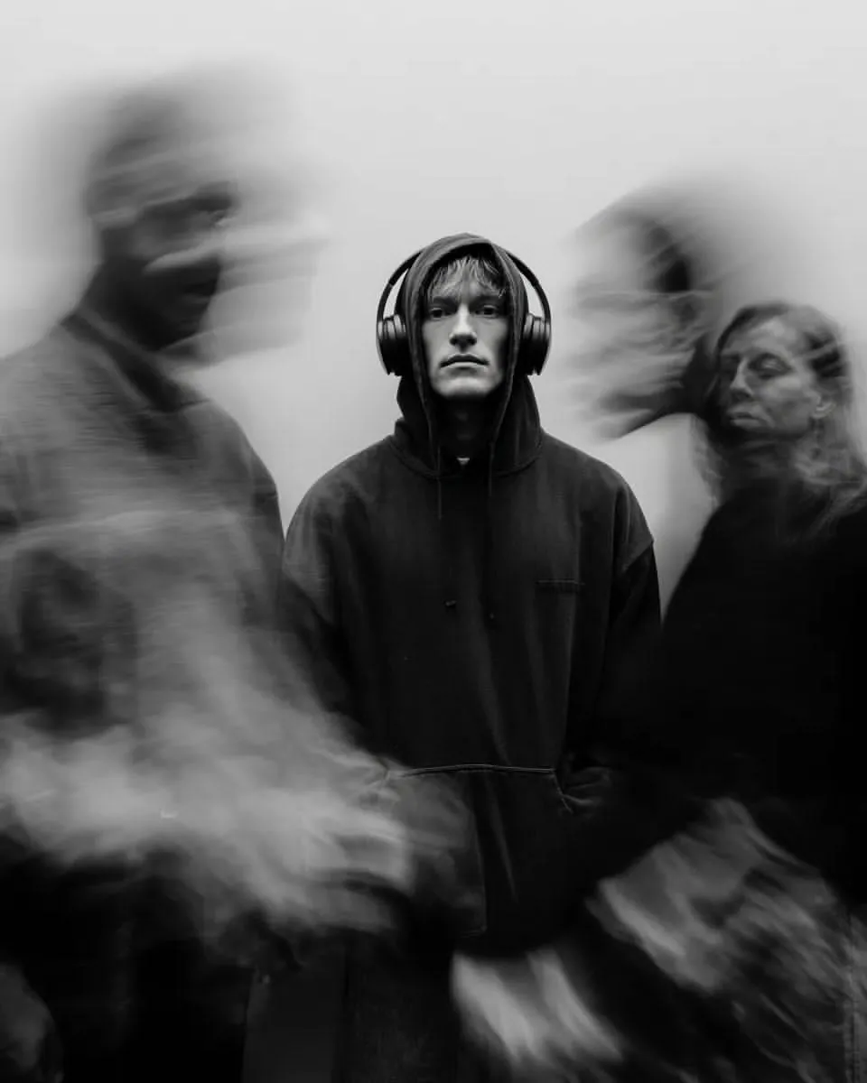 Black and White Cinematic Portrait with Motion Blur reference