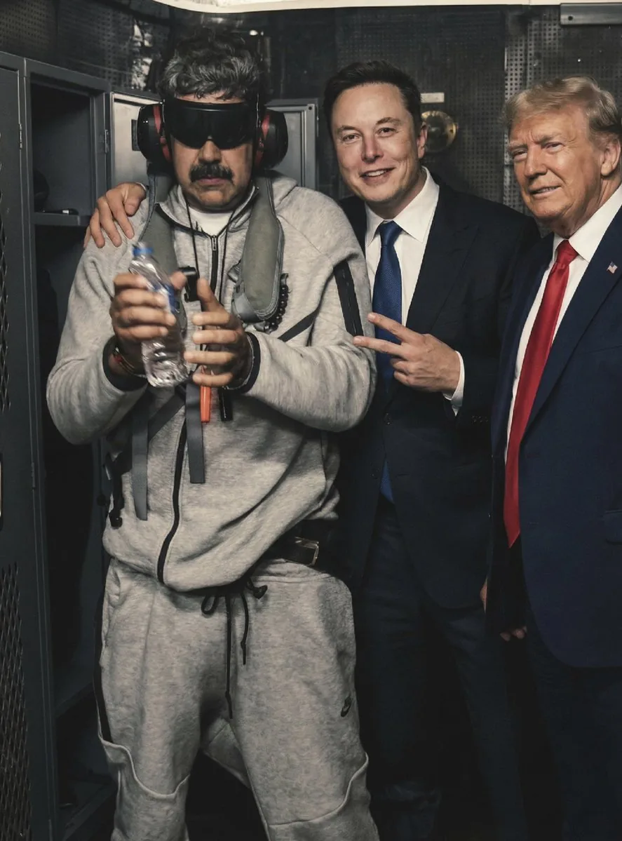 Humorous Portrait of Elon Musk, Donald Trump, and Venezuela President in Tactical Gear - Nano Banana Pro AI Prompt for Group / Couple reference