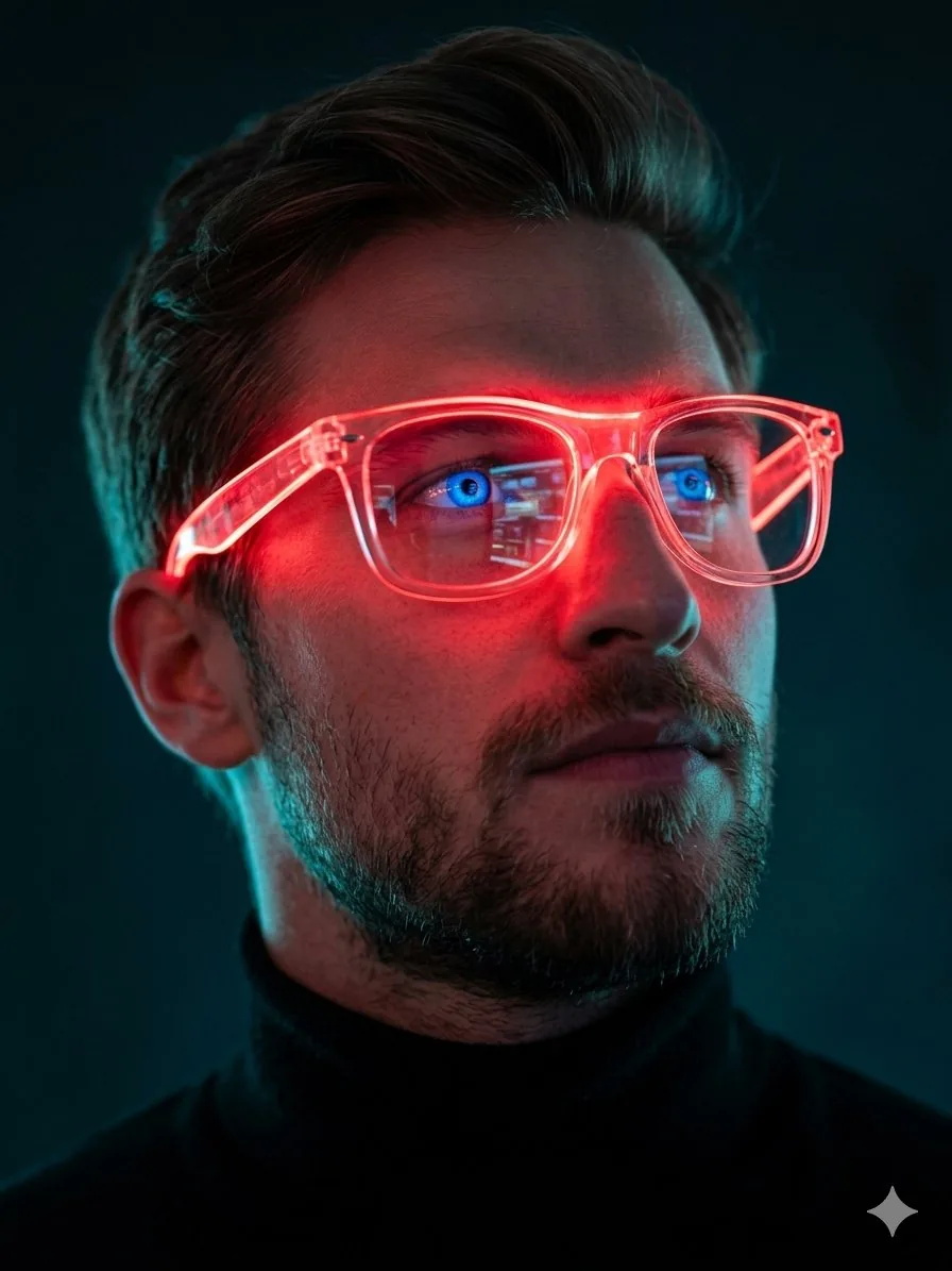 Neon Red Glasses Cinematic Portrait reference