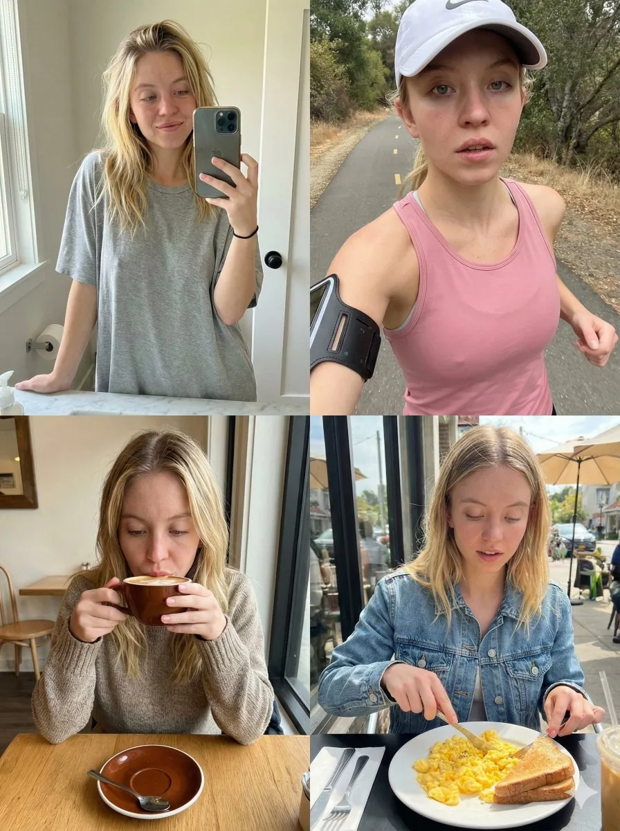 Sydney Sweeney Morning Routine 2x2 Grid Prompt - Nano Banana Pro AI Prompt for Social Media Post reference