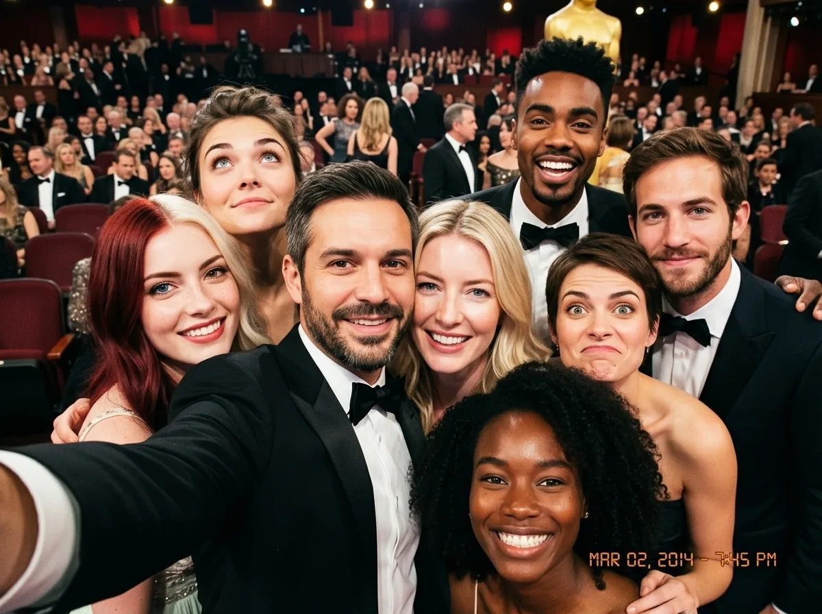 Oscars selfie as a character-select game screen reference