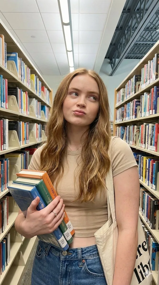 Playful Lifestyle Photo of Woman in Library Prompt - Nano Banana Pro AI Prompt for Social Media Post reference