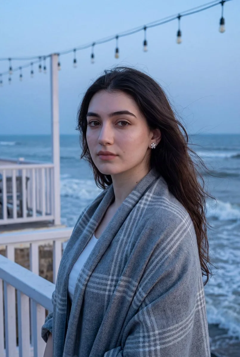 Photorealistic Portrait of a Woman on a Seaside Terrace at Blue Hour reference