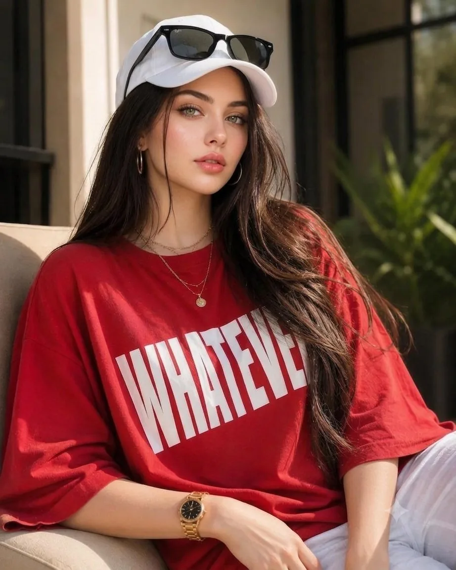 Fashion magazine portrait with red t-shirt reference