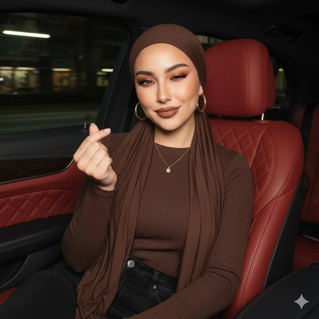 Luxury Car Hijab Portrait with Finger Heart - Nano Banana Pro AI Prompt for Social Media Post reference