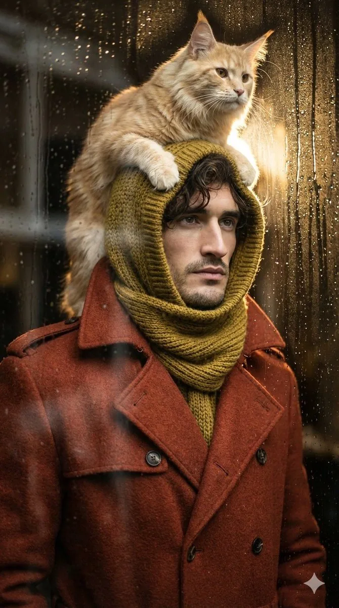 Low-angle man with hood scarf and cat on head reference