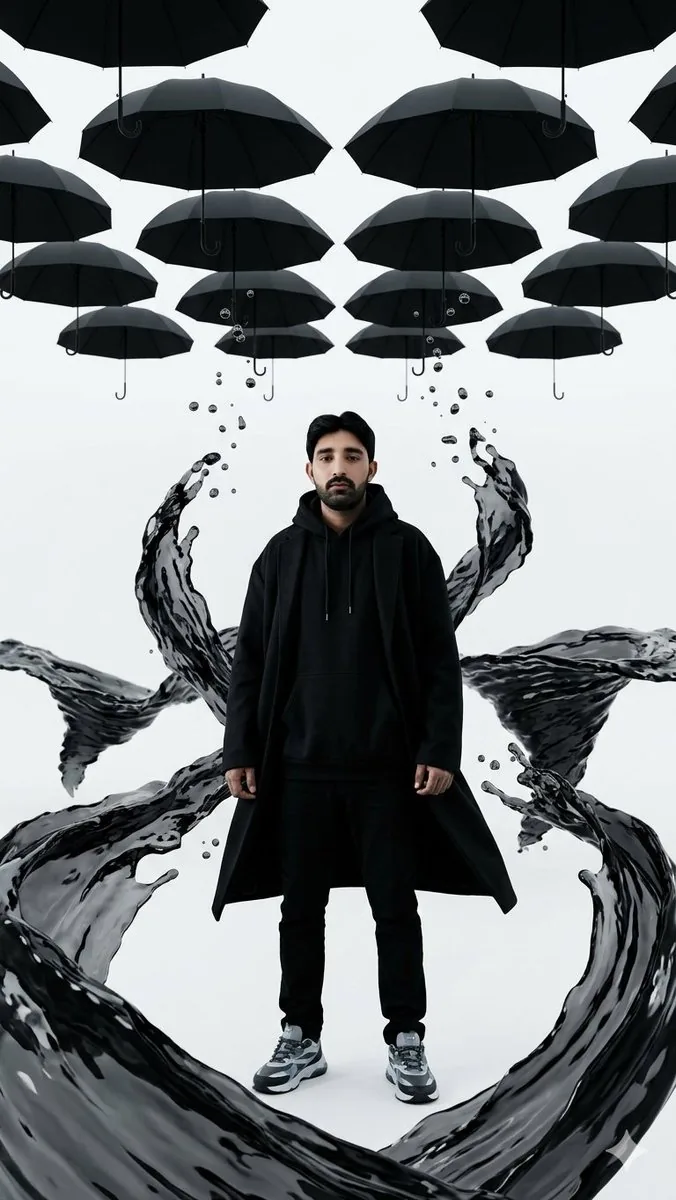 Surreal Man with Black Water and Umbrellas reference