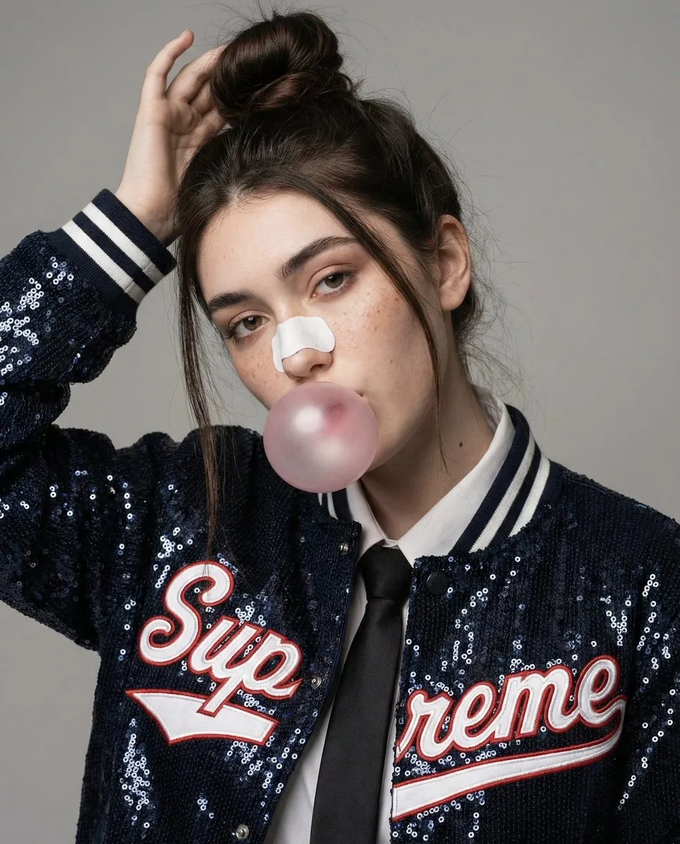 Fashion Editorial Portrait with Bubble Gum and Nose Strip Prompt - Nano Banana Pro AI Prompt for Social Media Post reference