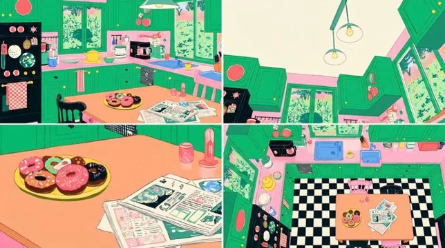 Four-Panel Retro Kitchen Scene reference
