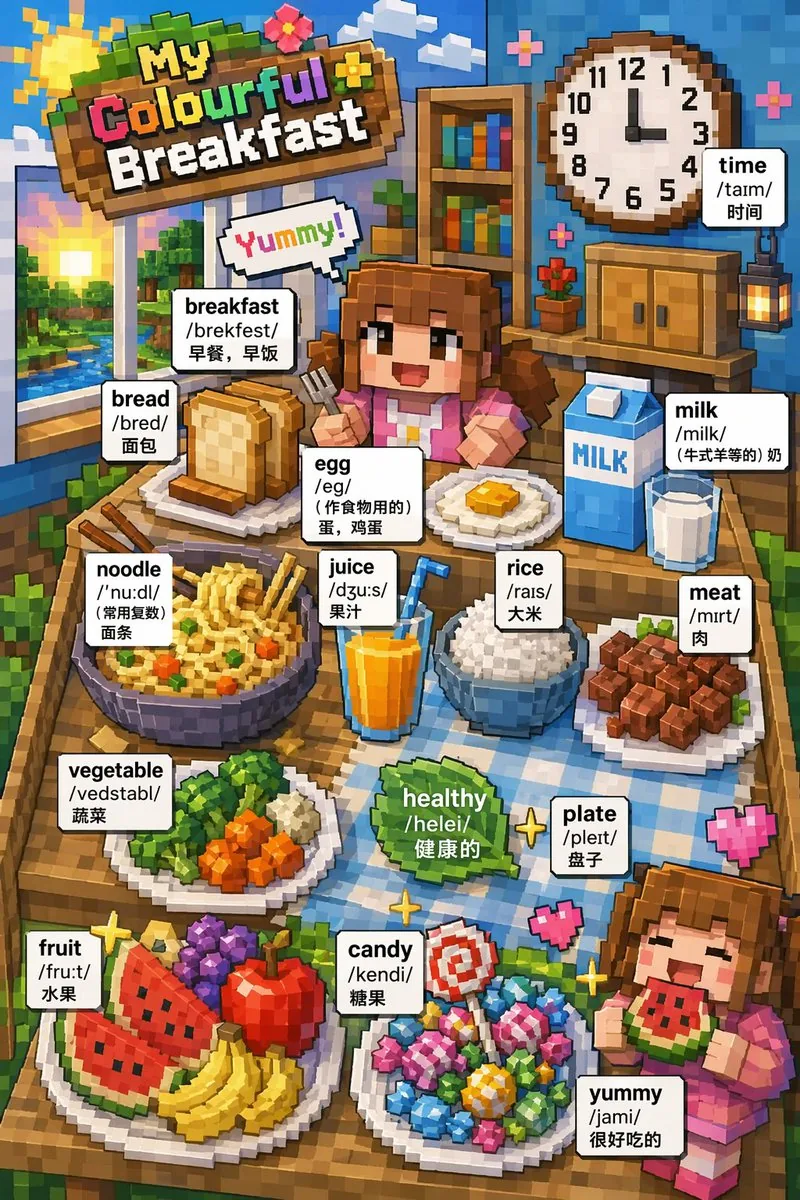 Voxel Art Bilingual Breakfast Vocabulary Poster reference