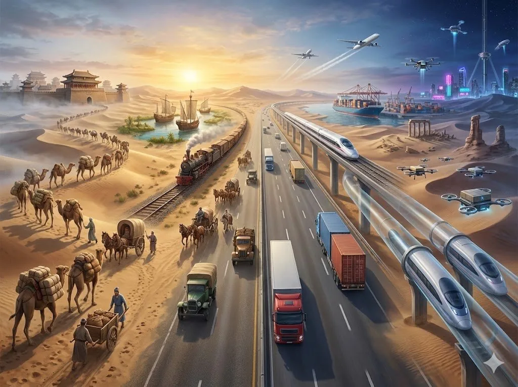 Hyper-realistic Transportation Evolution Panoramic Landscape Prompt - Nano Banana Pro AI Prompt for Infographic / Edu Visual reference