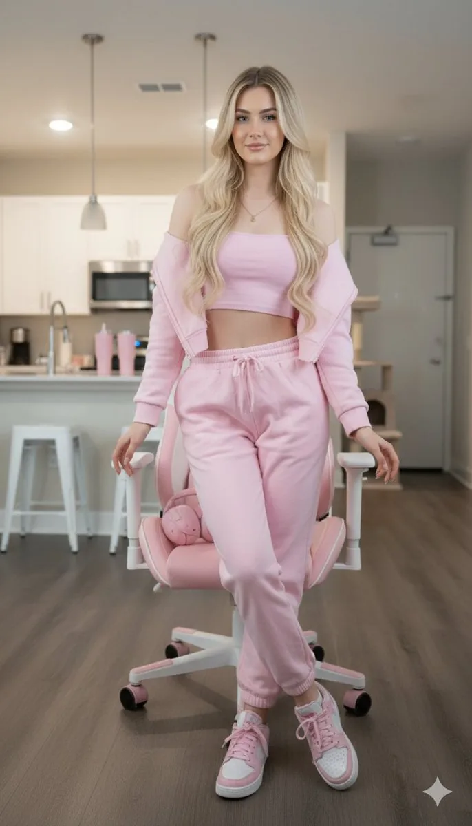 Ultra-realistic Full Body Photo of a Woman in Pastel Pink Loungewear - Nano Banana Pro AI Prompt for Social Media Post reference