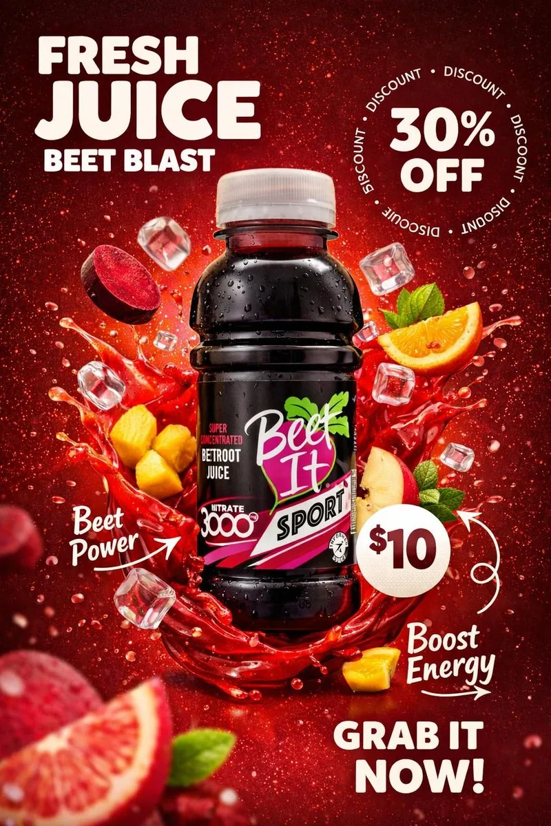 Product Photography Poster with Liquid Splash and Text Overlays reference