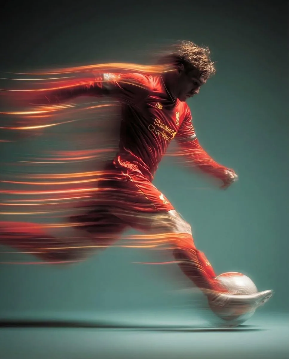 Panning shot of a soccer player kicking a ball reference