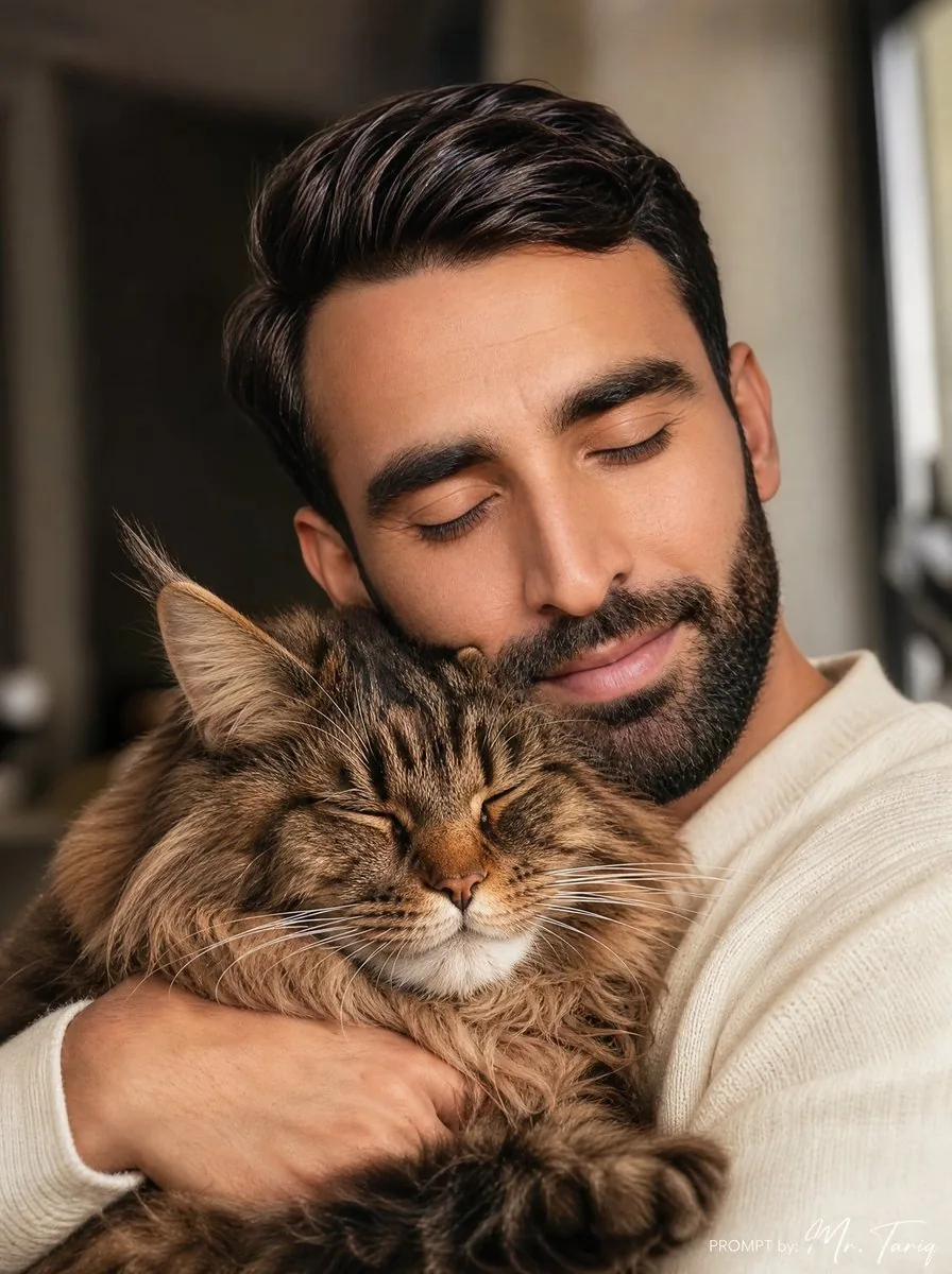 Cozy Man Hugging Maine Coon reference