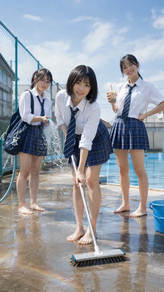 Japanese School Pool Cleaning Scene reference