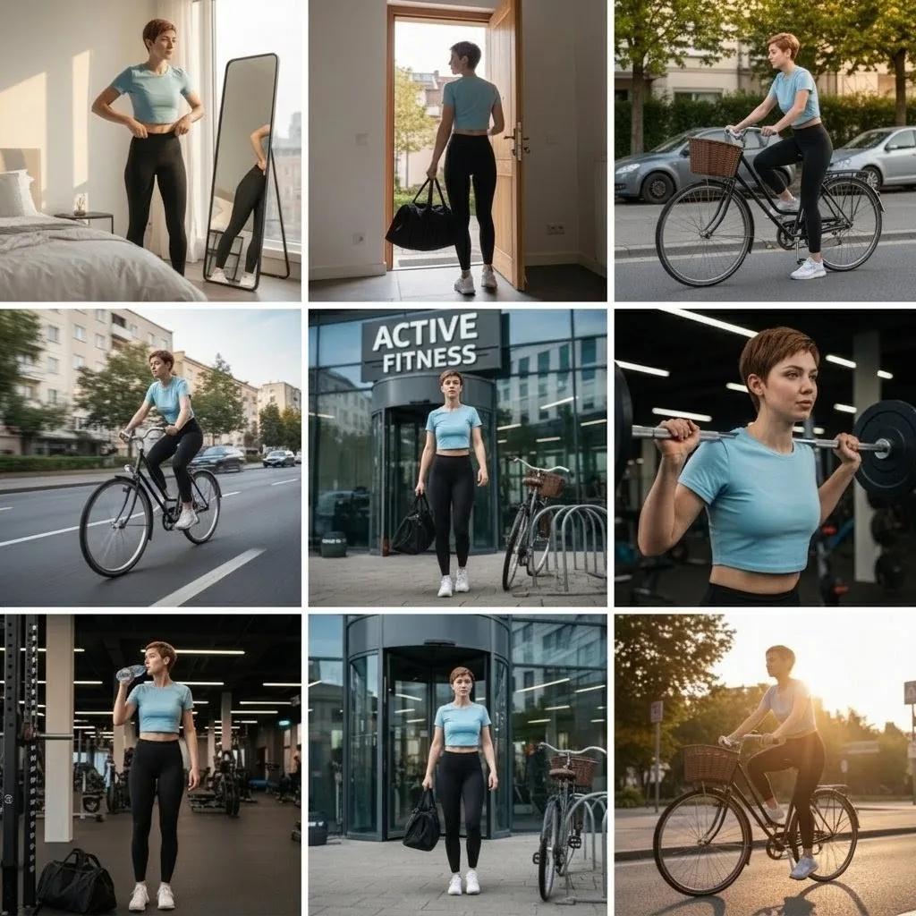 9-Photo Cinematic Collage for a Gym Girl's Fitness Journey - Nano Banana Pro AI Prompt for Social Media Post reference