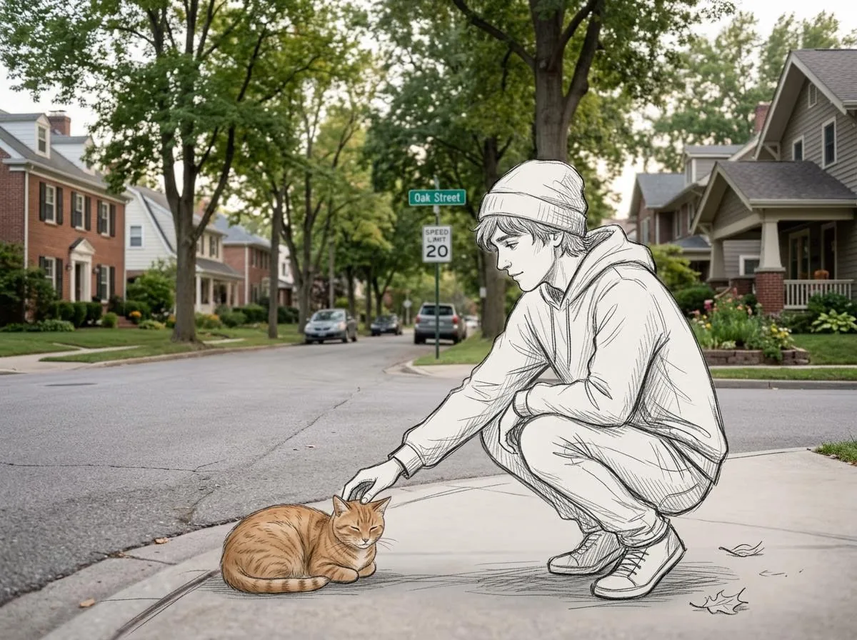 Realistic Photo with Sketch Character Overlay reference