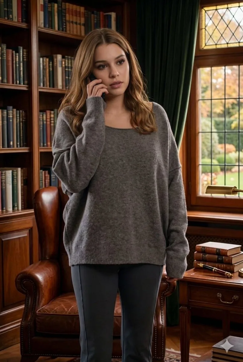 Cinematic Library Scene with Woman on Phone reference