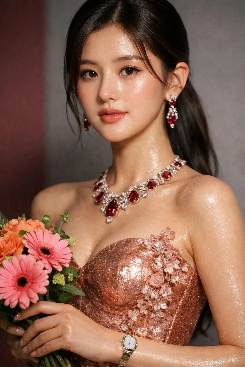 Macro Portrait of Zhao Lushi in Sequined Gown - Nano Banana Pro AI Prompt for Product Marketing reference