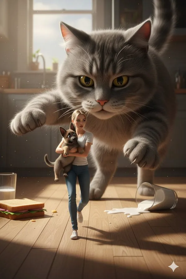 Cinematic Giant Cat Chasing Tiny Woman reference