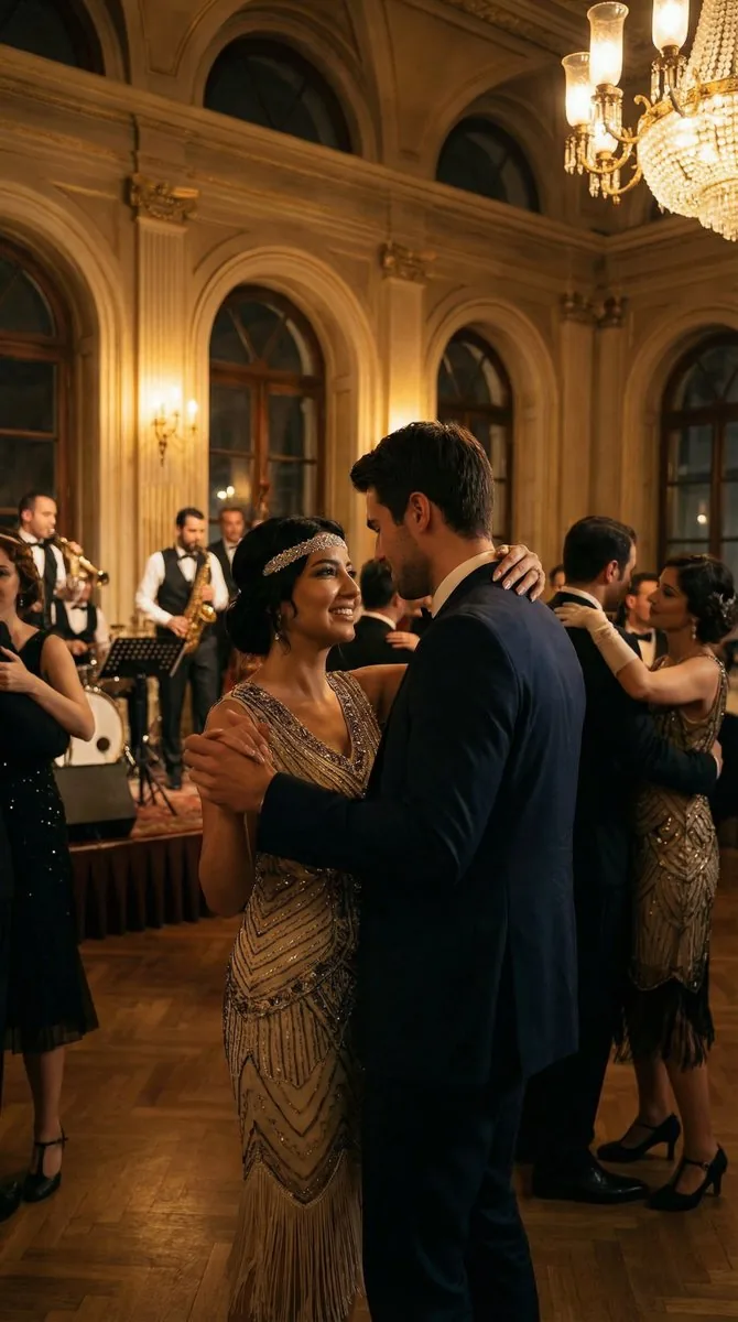 Historical romantic editorial of a couple dancing in 1920s Istanbul reference