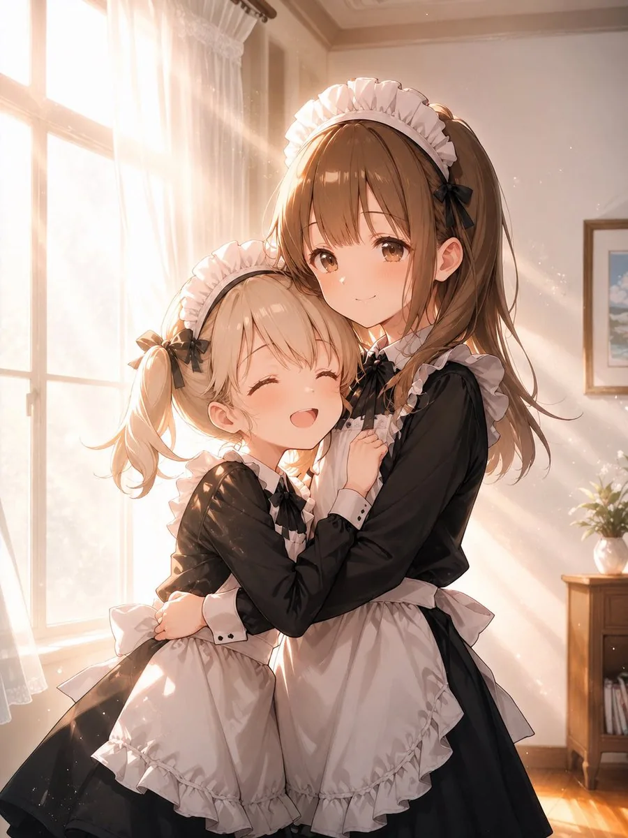 Sunlit Maid Sisters Hug reference