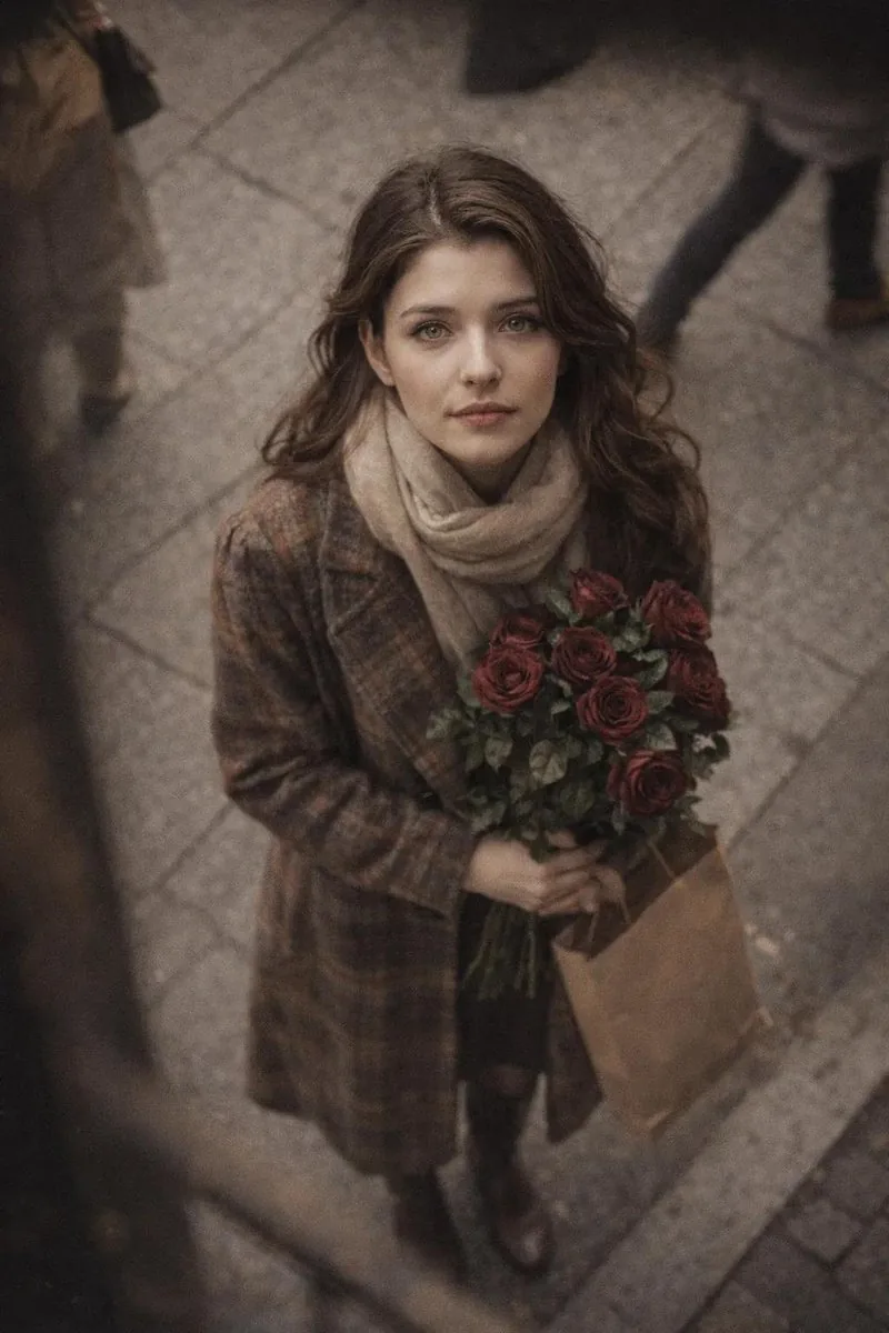 Cinematic Street Photography Portrait with Roses reference