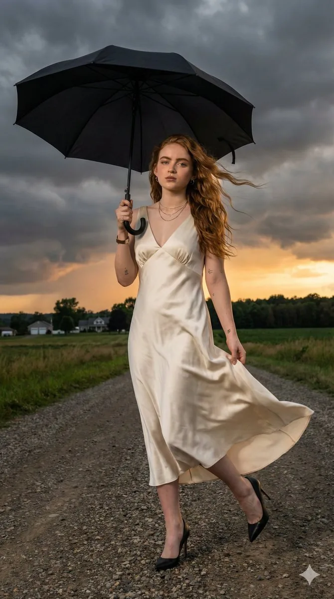Sadie Sink Cinematic Stormy Sunset Portrait - Nano Banana Pro AI Prompt for Product Marketing reference