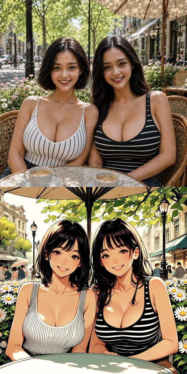 Twin Sisters Café Photo to Anime Comparison reference
