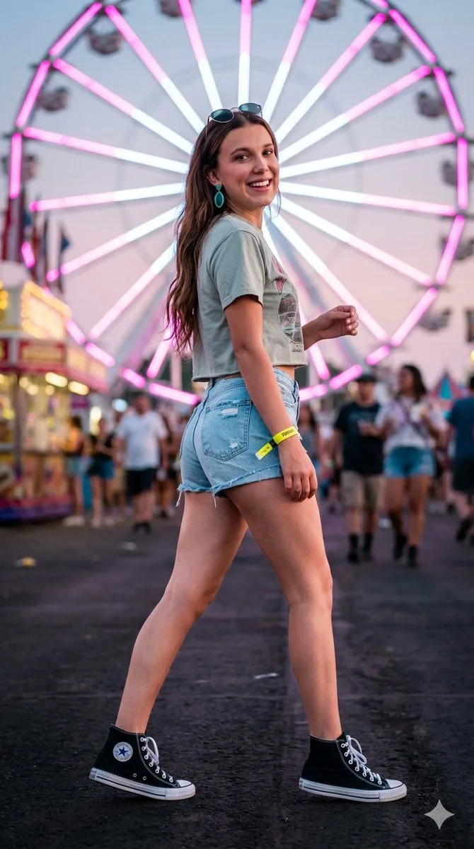 Cinematic Festival Photo of Millie Bobby Brown - Nano Banana Pro AI Prompt for Social Media Post reference
