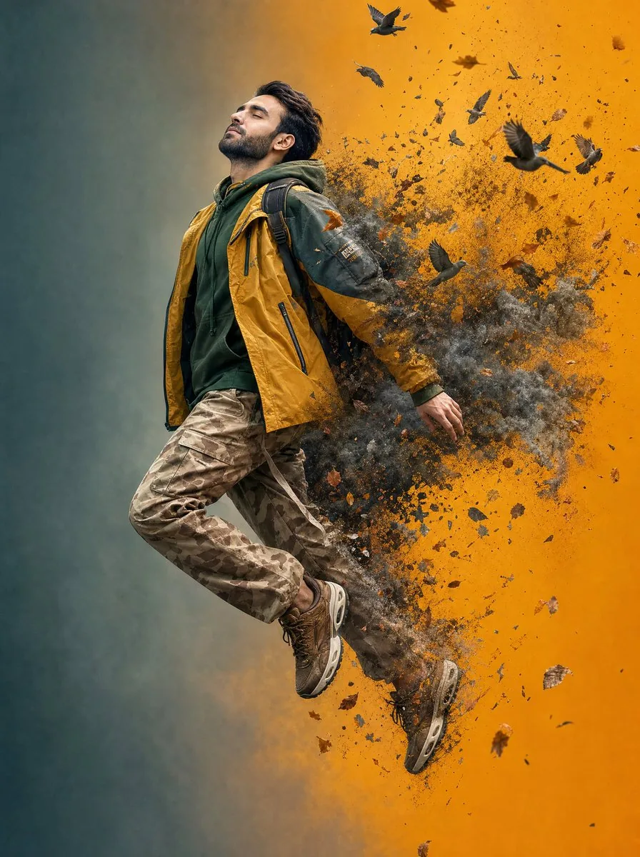 Surreal Floating Man Dissolving Into Ash reference