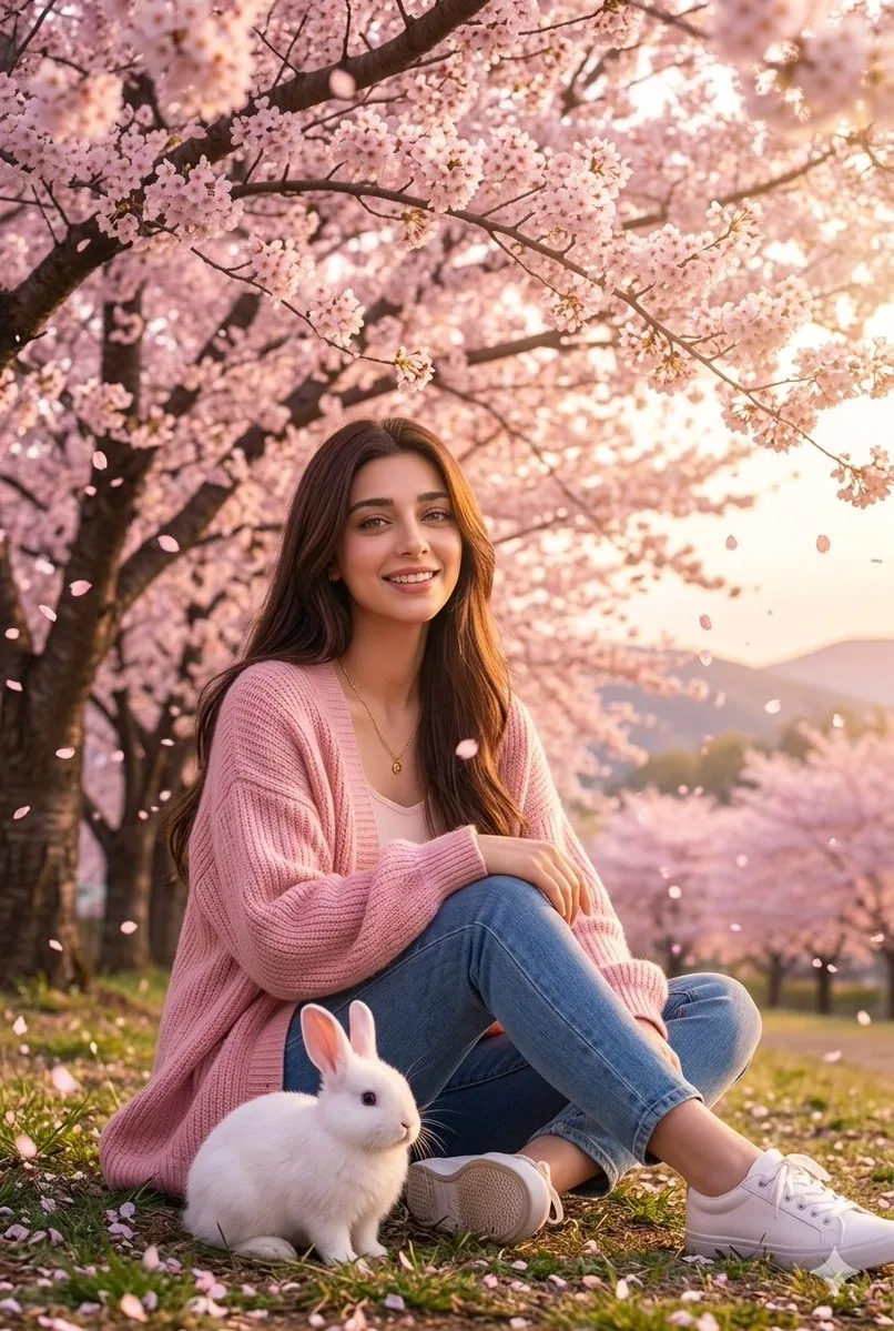 Woman with Rabbit in Cherry Blossom Garden reference