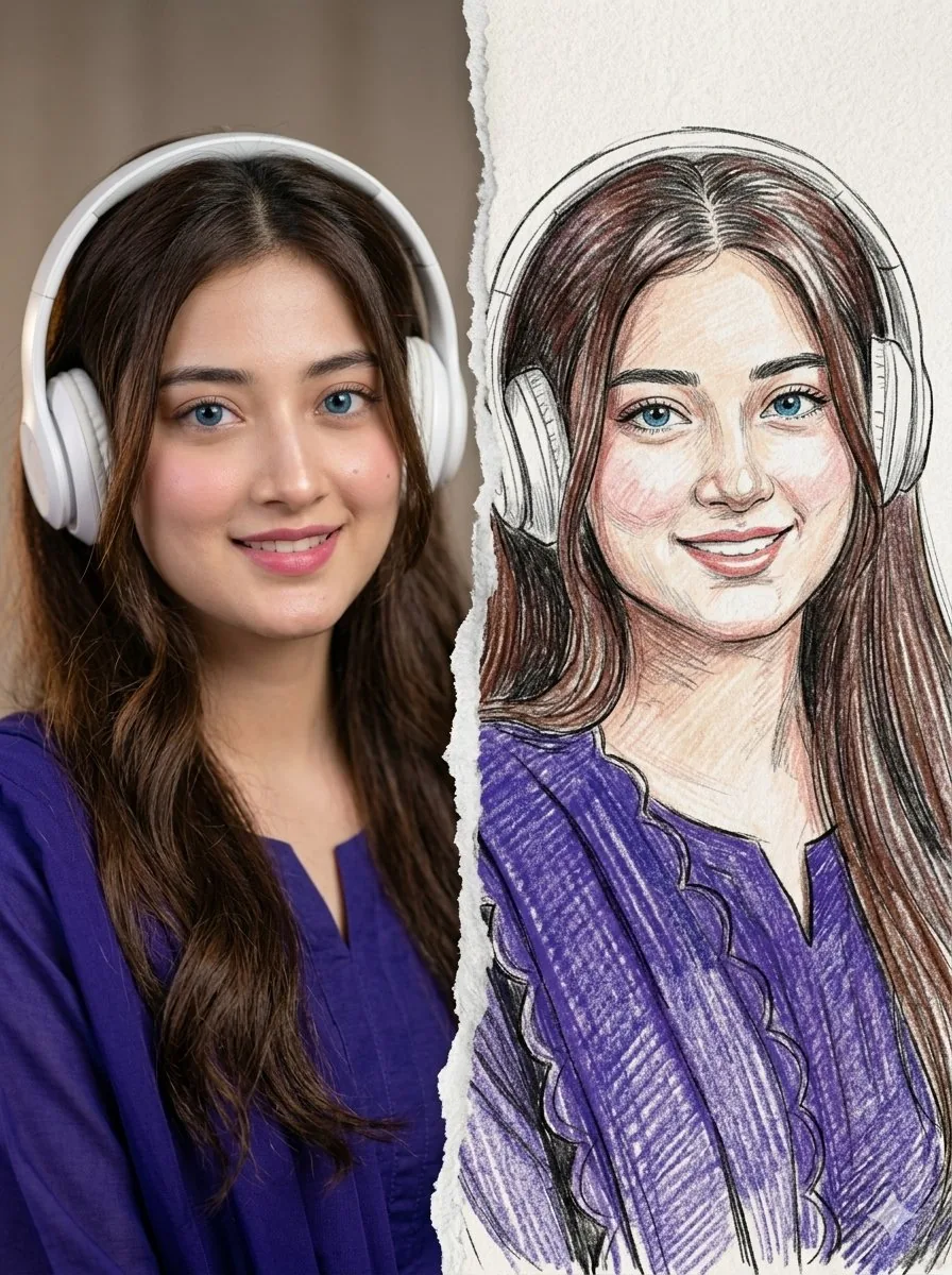 Split Photo and Sketch Portrait Effect - Nano Banana Pro AI Prompt for Profile / Avatar reference