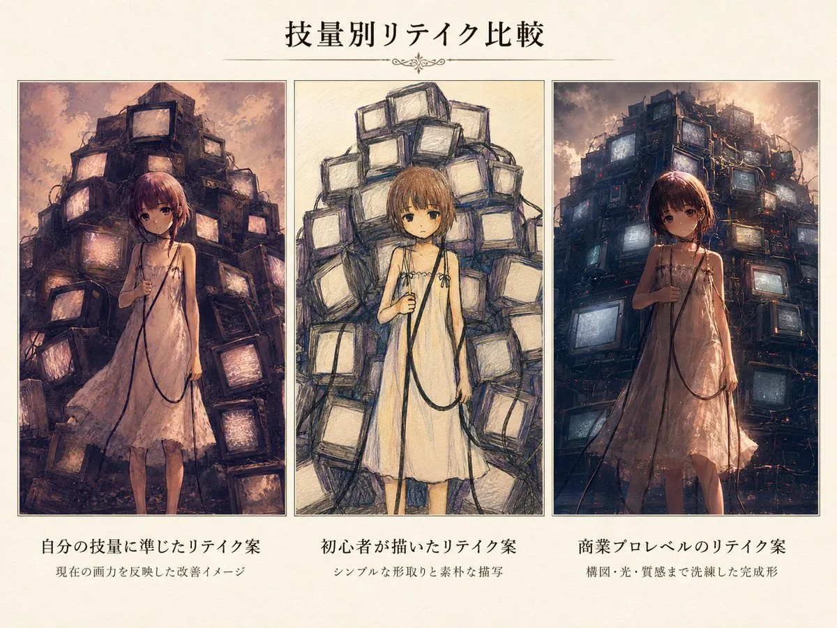Three-Level Illustration Retake Comparison reference