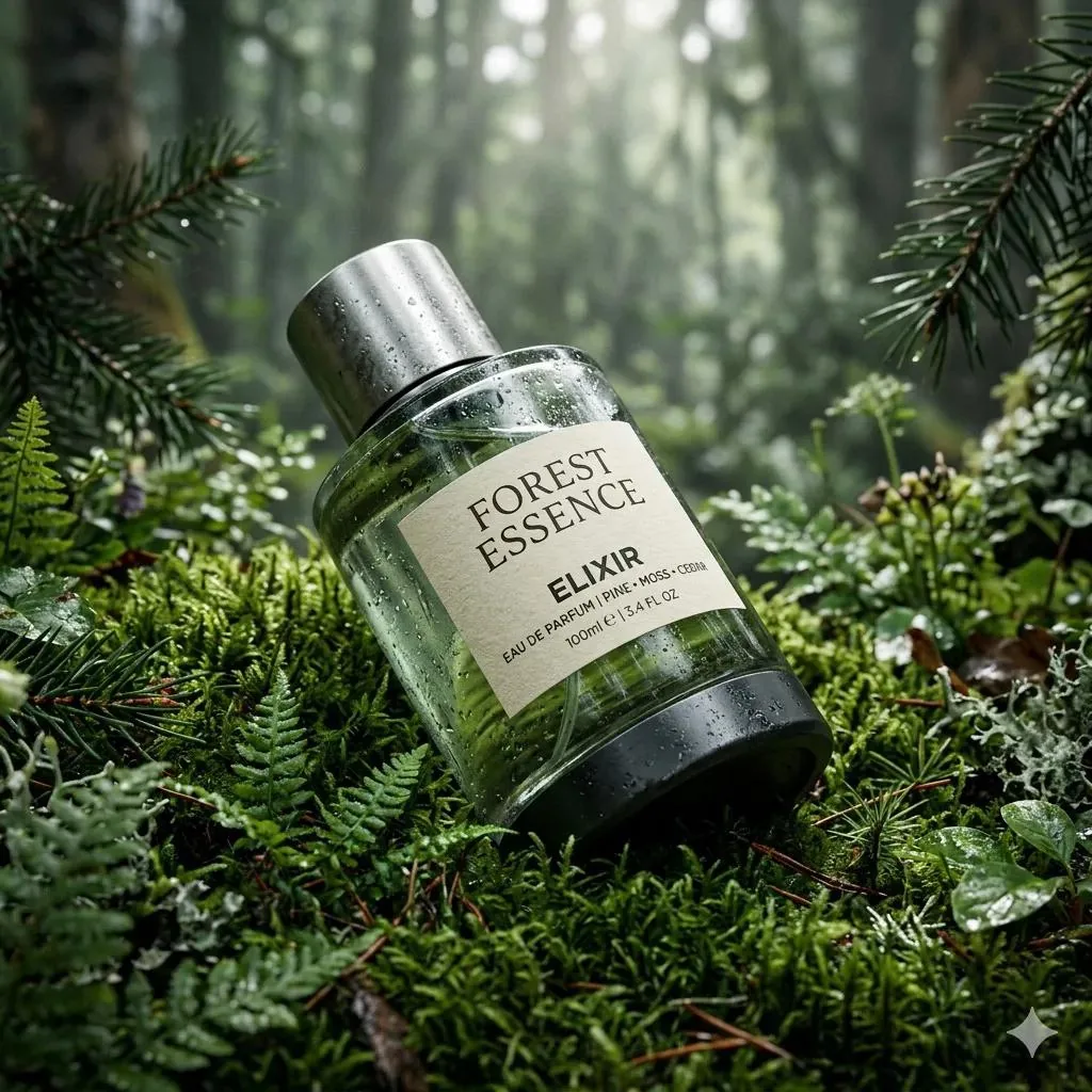 Ultra-Realistic Forest Essence Elixir Perfume Product Shot reference