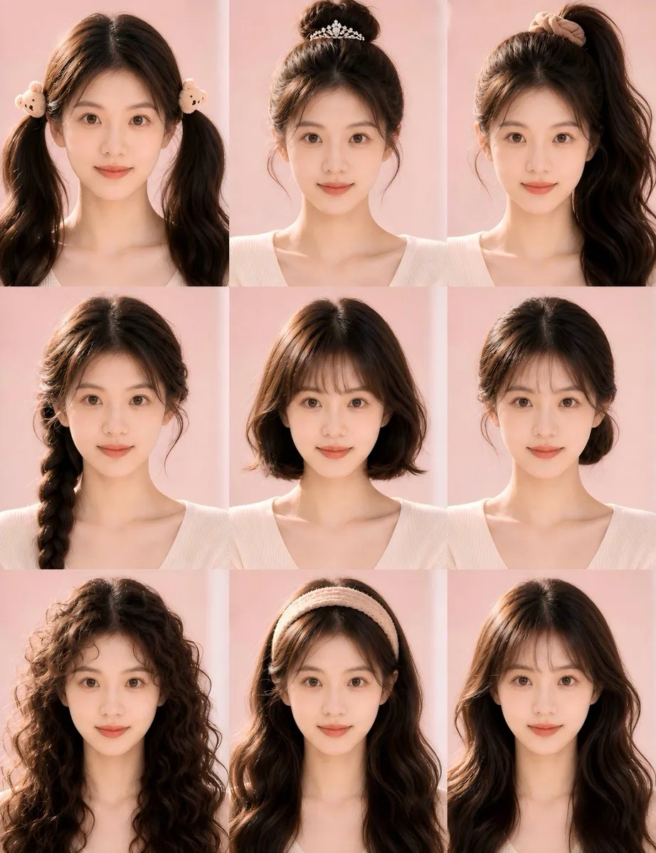 Nine-Style Hairstyle Try-On Collage reference