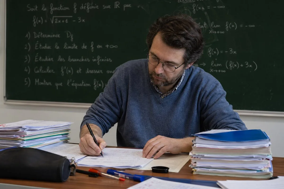 Math Teacher Grading Papers in Classroom reference