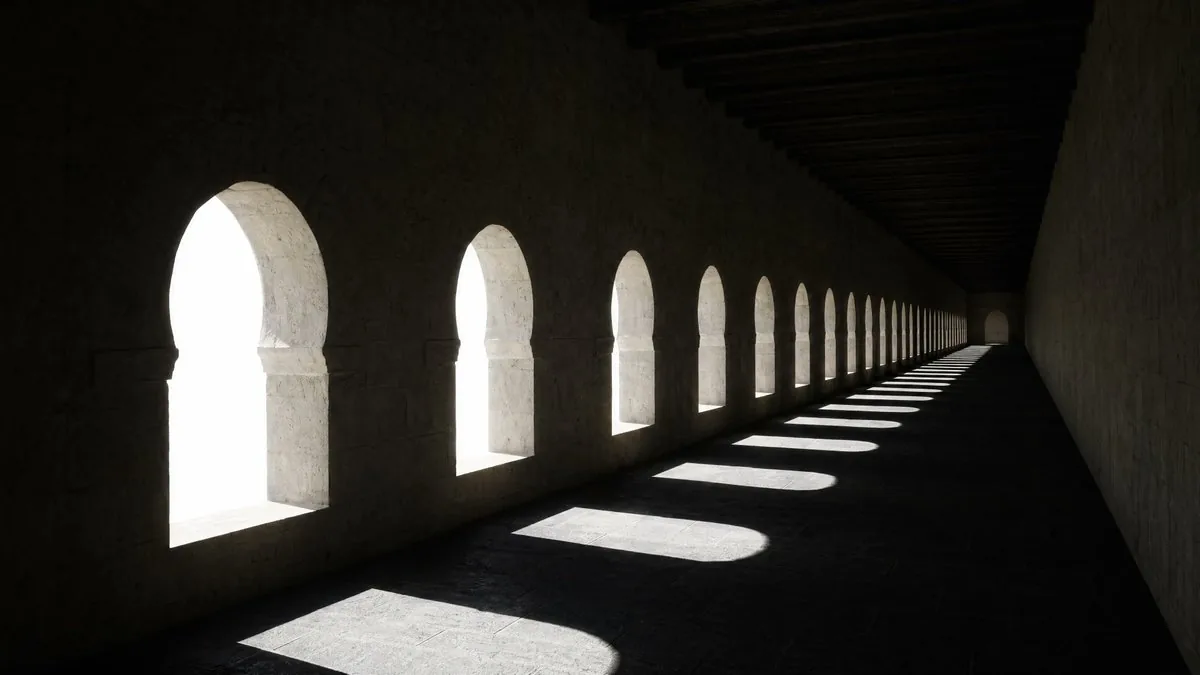 Dramatic Stone Corridor With Arched Windows reference