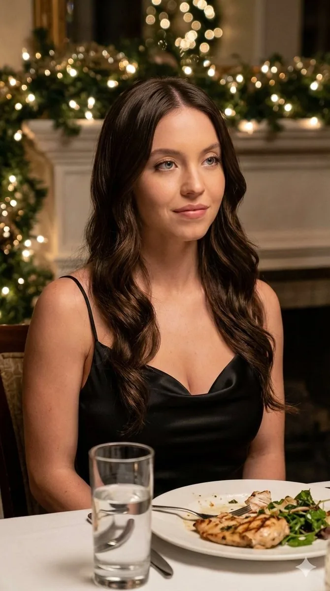 Romantic Dinner Date Portrait in Black Satin Dress - Nano Banana Pro AI Prompt for Social Media Post reference