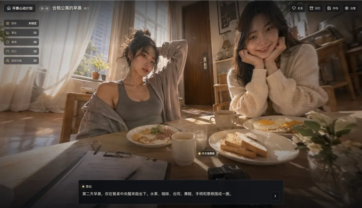 Cinematic Breakfast Dating Sim UI reference
