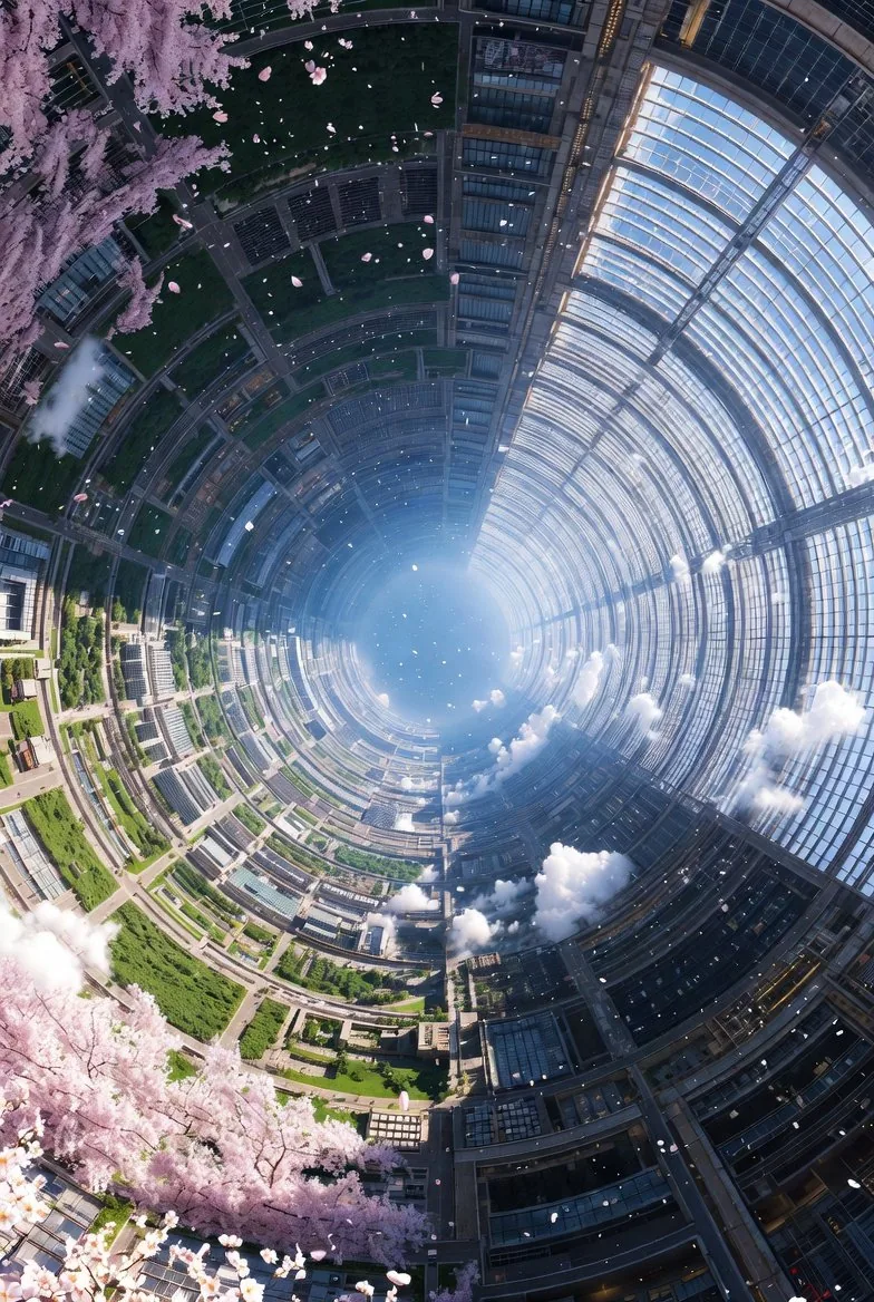 Cherry Blossom Space Colony Illustration Prompt reference