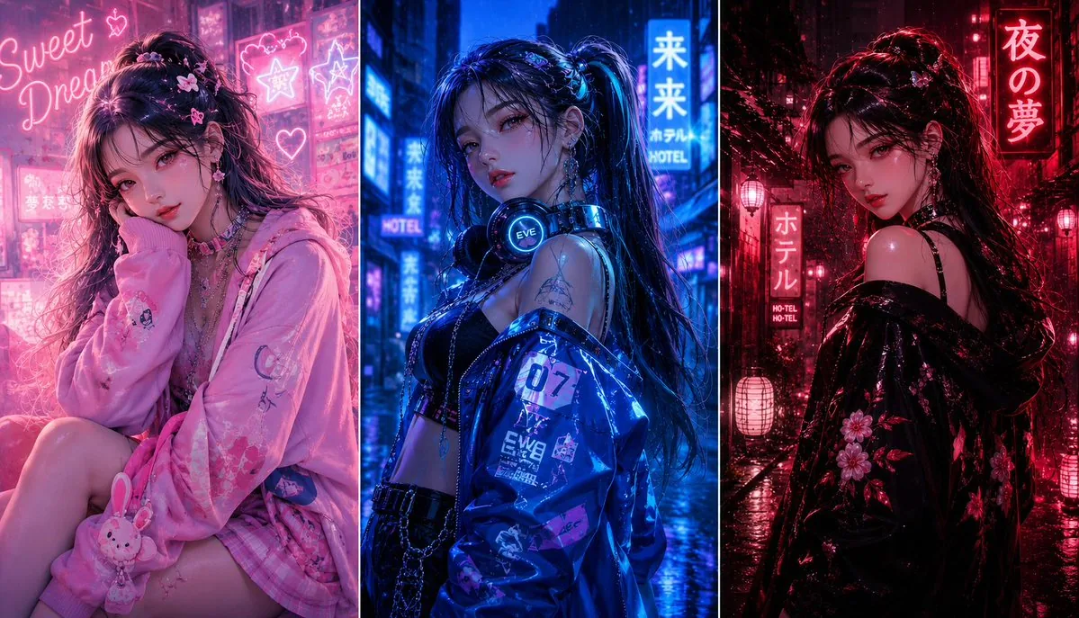 Three-panel anime fashion collage reference