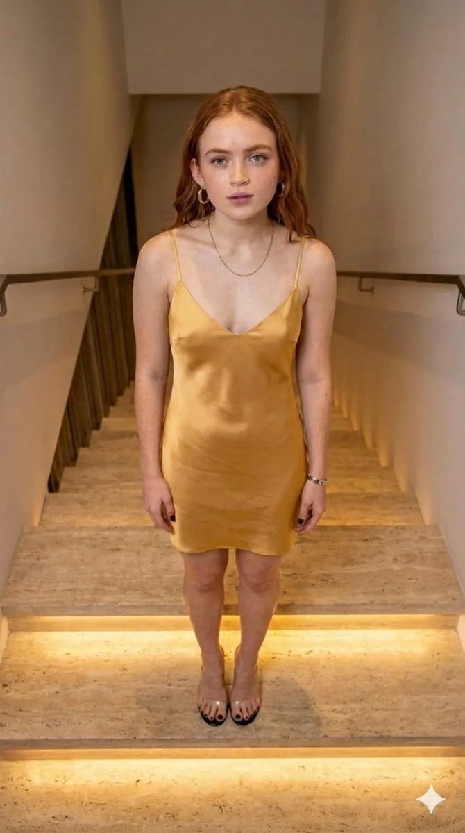 Sadie Sink in Yellow Slip Dress on Illuminated Stairs - Nano Banana Pro AI Prompt for Product Marketing reference