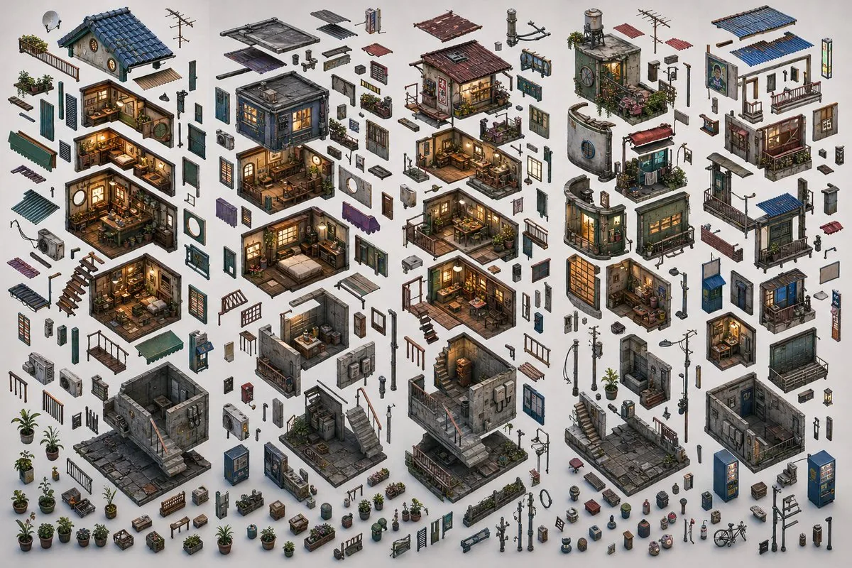 Isometric Exploded Urban Asset Sheet reference