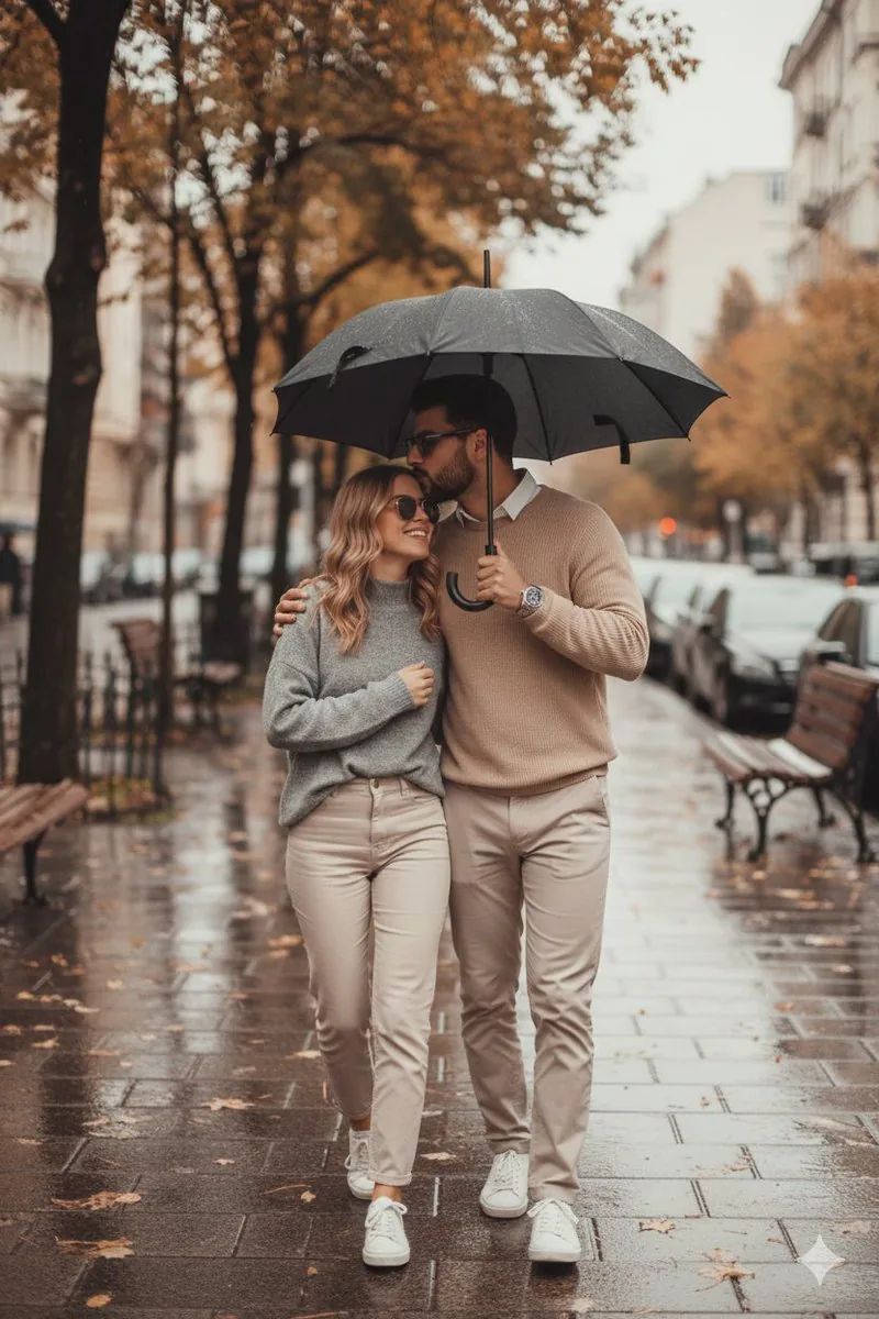 Romantic Rainy Autumn Couple Scene with Identity Lock - Nano Banana Pro AI Prompt for Social Media Post reference