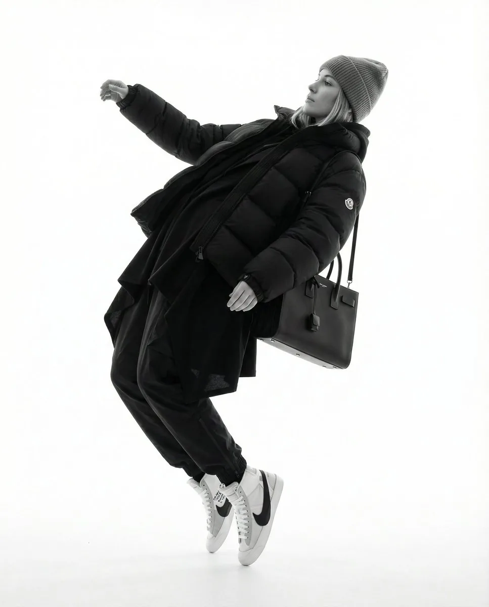 Monochrome Hypebeast Editorial with Airborne Action - Nano Banana Pro AI Prompt for Product Marketing reference