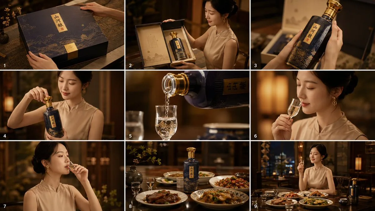 Cinematic Baijiu 9-Panel Storyboard reference